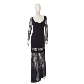 Escada Couture Black Silk Lace Beaded Sleeves Maxi Evening Gown Dress size 36