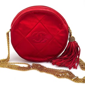 CHANEL Vintage Round Tassel Quilted Red Satin Bag with Gold Chain and Rhinestones