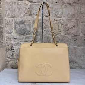 CHANEL Maxi 90s Shoulder Bag in Beige Caviar Leather
