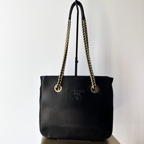 PRADA Shoulder Bag in Leather and Nylon Blue Gold Chain
