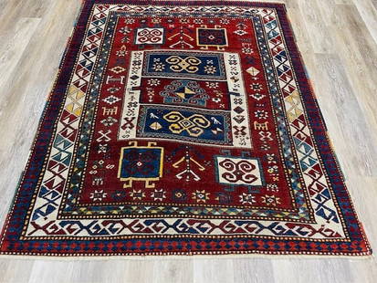 Dated Antique Kazak Caucasian Rug-5143: Title: Dated Antique Kazak Caucasian Rug-5143 Description:Gorgeous dated antique kazak Caucasian rug from northwest Persia, size 4 ft. 11 inches by 6 ft. 2 inches, circa dated 1320( year of the Hejira