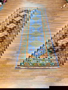 Antique Turkish Runner-4257: Title: Antique Turkish Runner-4257 Description:Beautiful antique Turkish Runner from central turkey with geometric design on blue field, size 2'.8" x 9'.5", circa 1930,condition with good pile through