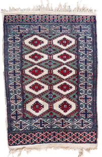 Handmade vintage Uzbek Bukhara rug 1.8' x 2.7' (56cm x 83cm) 1970s: Title: Handmade vintage Uzbek Bukhara rug 1.8' x 2.7' (56cm x 83cm) 1970s Origin:Uzbekistan Dimension: 1.8' x 2.7' (56cm x 83cm) Materials:wool Year:1970s Description:Handmade vintage Bukhara rug in u