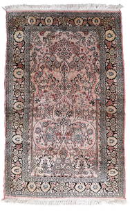 Handmade vintage Persian Tabriz silk rug 3' x 4.9' (94cm x 150cm) 1970s: Title: Handmade vintage Persian Tabriz silk rug 3' x 4.9' (94cm x 150cm) 1970s Origin:Middle East Dimension: 3' x 4.9' (94cm x 150cm) Materials:silk Year:1970s Description:Handmade vintage Persian Tab