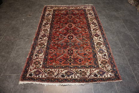 Old Handwoven Ardabil Rug from Iran – Geometric Precision & Tribal Character: Title: Old Handwoven Ardabil Rug from Iran &#8211; Geometric Precision & Tribal Character DescriptionOld Handwoven Ardabil Rug from Iran &#8211; Geometric Precision & Tribal CharacterFor sale is an ol
