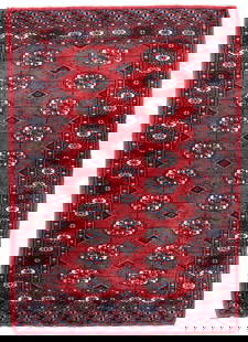 Handmade vintage Uzbek Bukhara rug 2.6' x 3.9' (81cm x 119cm) 1970s: Title: Handmade vintage Uzbek Bukhara rug 2.6' x 3.9' (81cm x 119cm) 1970s Origin:Uzbekistan Dimension: 2.6' x 3.9' (81cm x 119cm) Materials:wool Year:1970s Description:Handmade vintage red rug in Buk