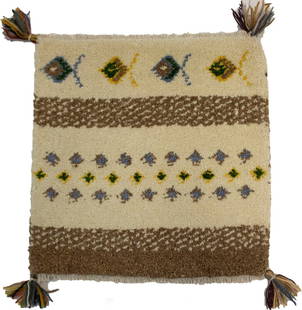 Cream Brown Modern Tribal 1'4X1'4 Indo-Gabbeh Oriental Square Rug: Title: Cream Brown Modern Tribal 1'4X1'4 Indo-Gabbeh Oriental Square Rug Description:Handmade 1'4X1'4 cream oriental rug made with vegetable dyes (fine wool pile and cotton foundation), exceptional kn