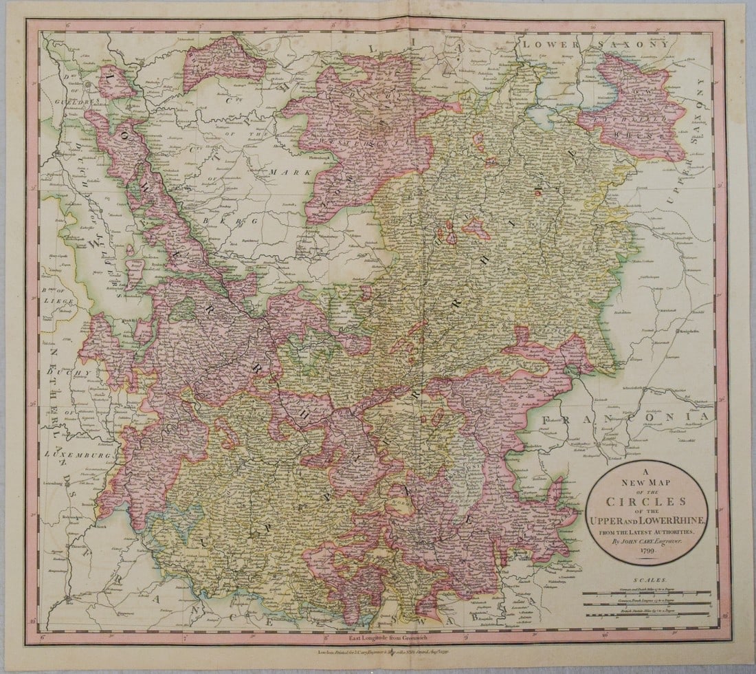 1799 Cary Map of Central Germany -- A New map of the Circles of the Upper and Lower Rhine from the: Title: 1799 Cary Map of Central Germany -- A New map of the Circles of the Upper and Lower Rhine from the Latest Authorities Cartographer: J Cary Year / Place: 1799, London Map Dimension (in.): 18 X 2