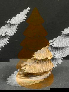 Christmas Tree Sculpture: Title: Christmas Tree Sculpture Date/Period: Late 20th Century Dimension: 8.25'' h x 4.25" w Material: Wood Additional Information: Folk Art Carved Wood Christmas Tree Sculpture Reserve: $80.00 Shippi
