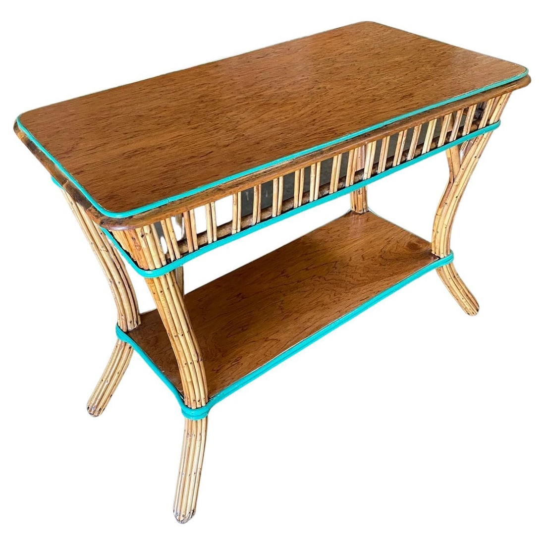 Restored Presidential Stick Reed Rattan TV Stand/Console Table w/ Mahogany Top: About the Item Circa 1940 6-tier rattan shelf/console table with mahogany shelving and tabletop. This small shelf doubles as a shelf and a console table, perfect for use as a focal point in a living r