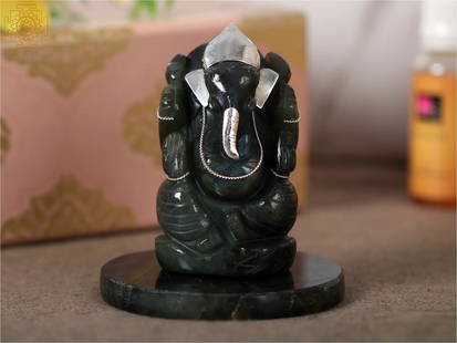 3" Small Labradorite Gemstone Ganesha Idol with Silver Work and Coaster | With Gift Box: Title: 3" Small Labradorite Gemstone Ganesha Idol with Silver Work and Coaster | With Gift Box Description: Labradorite Gemstone with .999 Silver Height: 3.8 inch Width: 2.2 inch Depth: 1.7 inch Weigh