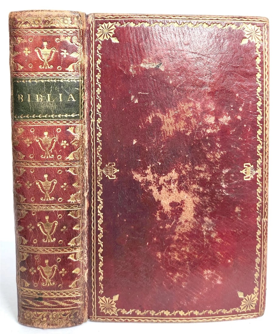 1792 BIBLE in GERMAN antique ORIGINAL RED MOROCCO GILT BINDING: [GERMAN BIBLE] Biblia, Das ist: Die ganze Heilige Schrift Alten und Neuen Testamentes... Basel, Flick; 1792 (Biblia, That is: The entire Holy Scripture of the Old and New Testaments... ) 8 lvs., 909,