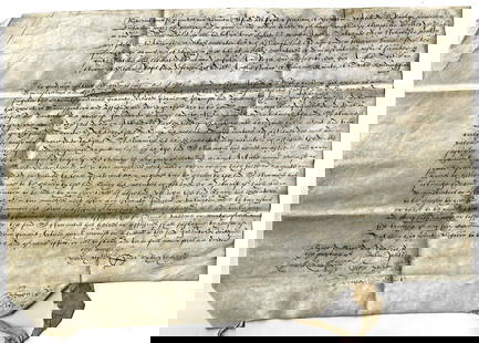 1607 English Vellum Bond Sir Francis Wolley Surrey: An English performance bond dated 1607 during the reign of King James I obligating Henry Alfield Rypley and his son, both of Surrey to Sir Francis Wolley of Pyrford also of Surrey, Knight ( and one of