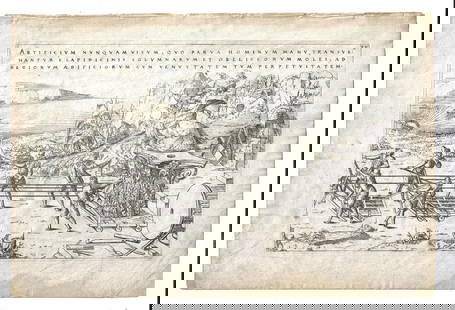 1578 Engraving Theatrum Instramentorum Machinarum: A rare engraving from "Theatrum Instrumentorum Et Machinarum…", by Jacobi Bessoni, printed at Lyon from the 1587 edition. Plate 30. Fine, light dampstain. Measures 14.5 x 9.5". Accompanied by a copy