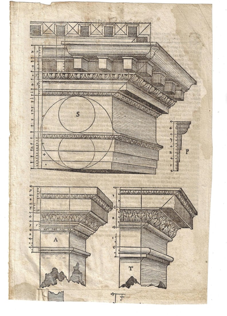1579 Woodcut Leaf Architecture Hans Blum: [Architecture] A leaf from "Ein Kunstrych Buch von Allerlen antiquiteten..", printed at Zurich by Chrystoffel Froschower (Froschauer), circa 1579. Full page woodcut with text on verso, Very Good with 
