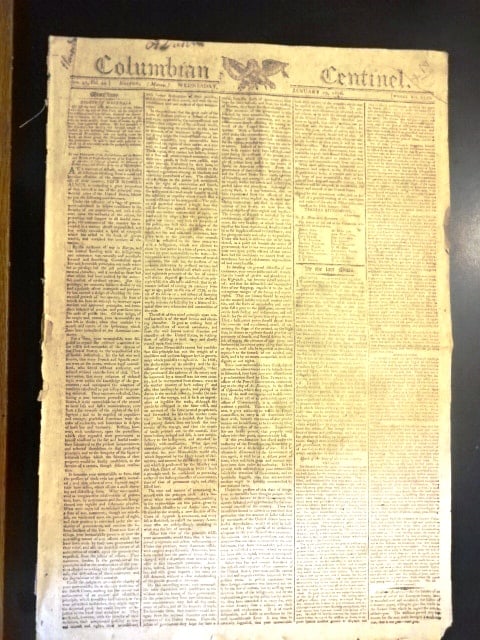 1806 Boston Newspaper Creek Indians: The January 29, 1806 edition of the Columbian Centinel printed at Boston by Benjamin Russell 4 pages complete front page with articles on Rights of Neutrals neutrals and also on Creek Indians much oth