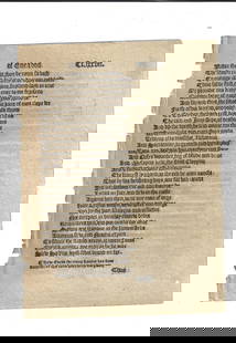 1553 Leaf English Translation of Aeneid Virgil: A leaf from the 1553 translation if "The xiii Bukes of Eneados,,", of Virgil by Gavin Douglas, in Scots English, printed at London. This leaf from th Tenth Booke. Fine condition, measures 6.25 x 8.25"