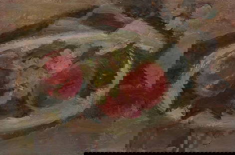Mid Century French Modernist Oil Painting Still Life Fruit on a Bowl: About the Item Still Life of Fruit French School, mid 20th century oil on canvas 10.5 x 16 inches provenance: private collection, France The painting is in sound condition but very much showing the si