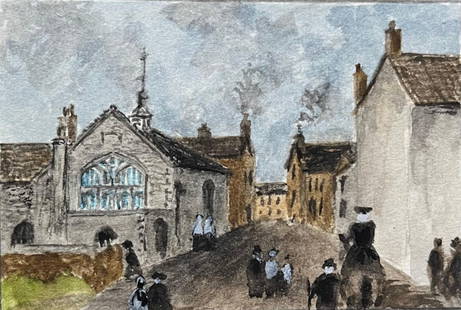 Historic Miniature Watercolor of Chapel of the Three Kings in Bristol: About the Item Title: Historic Miniature Watercolor of Chapel of the Three Kings in Bristol by Jack Grunwell, 20th century British artist Medium: Watercolor on thin card, unframed Measurements: 2.75 i