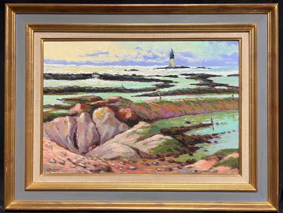 French Impressionist Lighthouse Overlooking Rocky Shoreline Oil Painting: About the Item Coastal Landscape by Georges Bordonave (French contemporary) dated 2001 signed oil painting on canvas, framed framed: 22 x 29 inches canvas: 15 x 22 inches condition: very good provenan