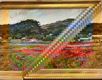 Large French Post Impressionist Oil Painting Poppy Fields in Provence: About the Item Poppy Fields in Provence by Gabriel Mouton, French 20th century oil on board, framed framed: 27 x 34.5 inches board : 23 x 30 inches Provenance: private collection, Paris Condition: ver