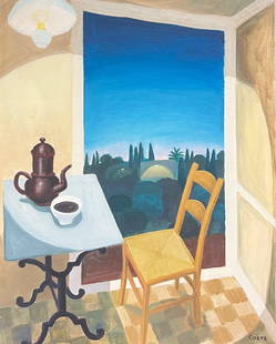French Modernist Oil Coffee Table & Chair in Mediterranean Window Interior View: About the Item Morning Tranquility French School, late 20th century signed oil on canvas, framed framed: 30 x 26 inches canvas : 24 x 20 inches Provenance: private collection, France Condition: the fr