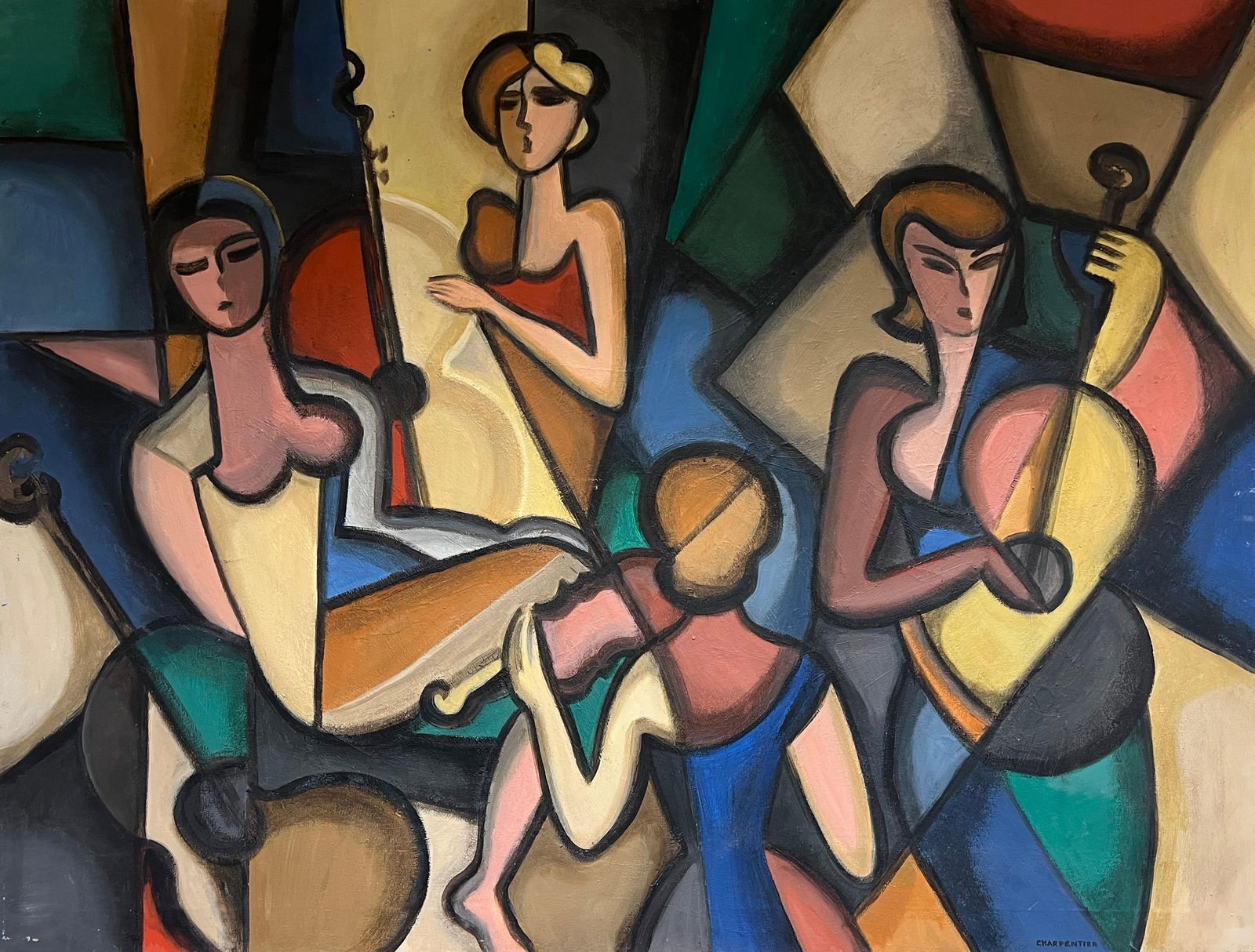 Huge 20th Century French Cubist Modernist Signed Painting Female Musicians mid 20th Century (1 of 16)