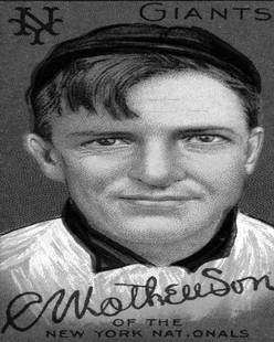 1911, CHRISTOPHER MATHEWSON, NEW YORK GIANTS-AND-NEW YORK NATIONALS BASEBALL; (AFTER: Title: 1911, CHRISTOPHER MATHEWSON, NEW YORK GIANTS-AND-NEW YORK NATIONALS BASEBALL; (AFTER CHROMOLITHOGRAPH). Artist/Source: AMERICAN TOBACCO CO Original Date: SEE TITLE Dimensions: 10X8 Description:
