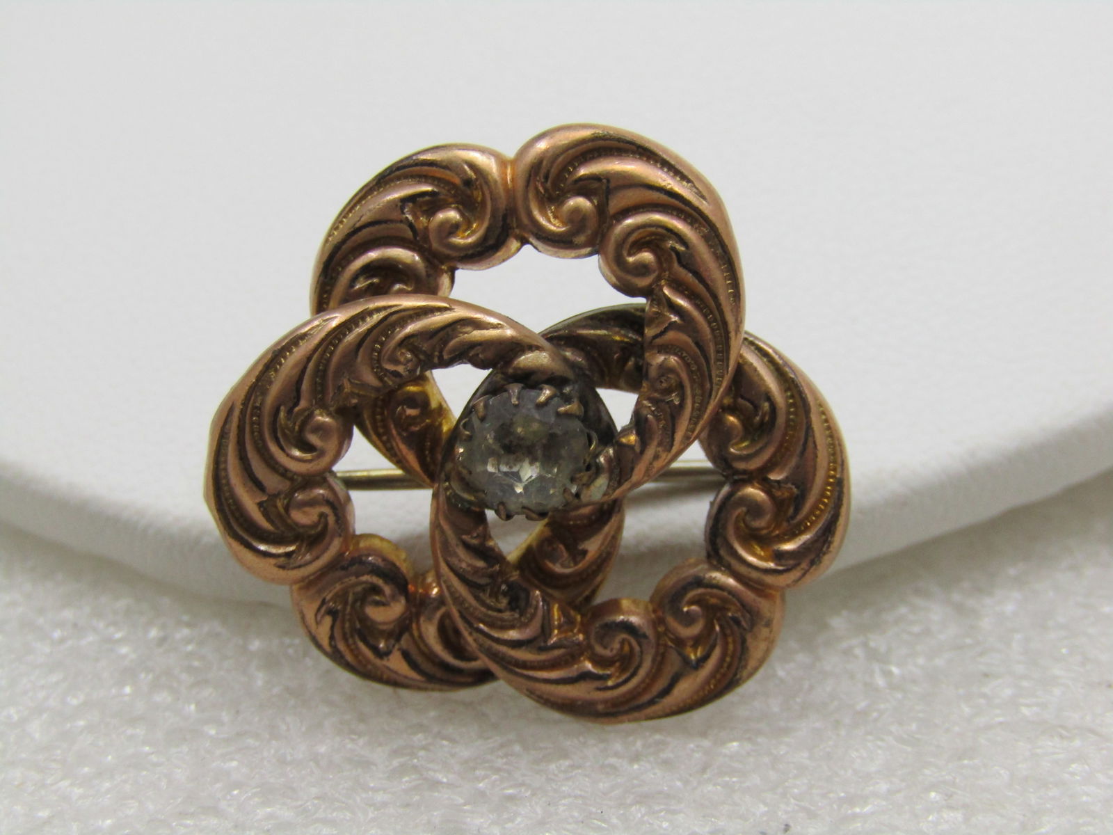 Victorian 10kt Gold Filled Love Knot Brooch Pendant, Rhinestone Center 1-1/8"