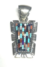 Estate Carolyn Pollack Turquoise Spiny Oyster Shell Mosaic Sterling Silver Pendant