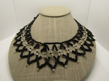 Vintage Black & Clear Seed Beaded Collar Necklace, 20" Pointed Drop Design
