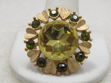 Vintage Avon Green Rhinestone Heart Leaf Brooch/Pendant, 1.25"