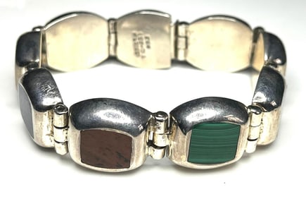 Vintage Mexican Sterling Silver & Semi-Precious Stone Inlay Bracelet