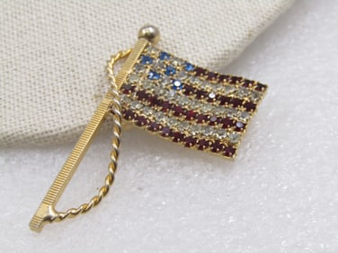 Vintage American Flag Rhinestone Brooch, with Pole, 2"