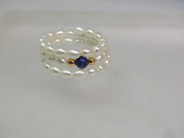 Triple Coiled Freshwater Pearl Ring, Sodalite/Gold Beads, Adjustsable, 1980's-1990's