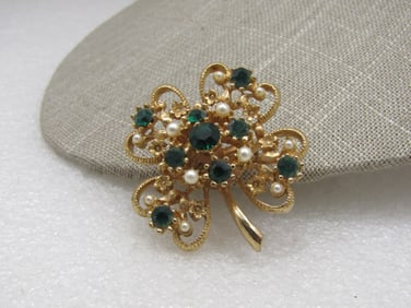 Vintage Green Rhinestone & Pearl Four-Leaf Clover Brooch, 1960's-1970's