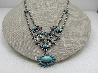 Vintage Southestern Faux Turquoise Bib Necklace, 15", Signed NR.