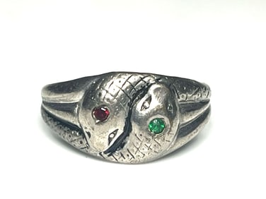 Vintage Double Snake Ring with Red and Green Eye