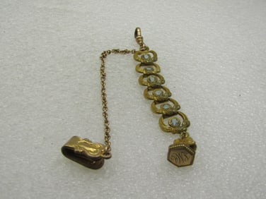Victorian 12kt G.F. Watch Chain With Stones, Engraved SMA, Floral Accent 8"