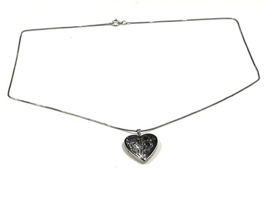 Vintage Sterling Silver Etched Heart Locket Necklace