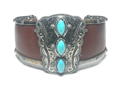 Estate Carolyn Pollack Jennifer Nettles Sterling Silver Leather Turquoise Cuff Bracelet