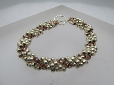 Vintage Silver & Coppery Gold Seed Beaded Bracelet, 7", 1990's
