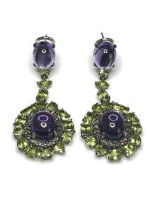 Estate Signed Sterling Silver 18k Amethyst Cabochon, Peridot, and Diamond Statement Earrings
