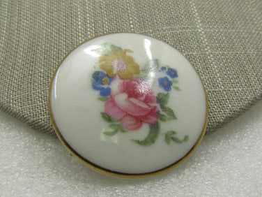 Vintage Porcelain Rose Gold Trimmed Brooch, 1.75" Round
