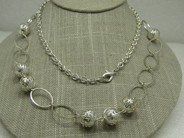 Vintage Filigree Beaded Necklace, 34" Silver Tone