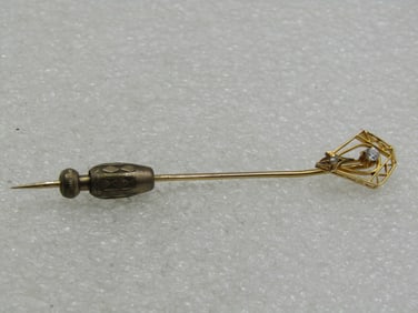 Victorian 14kt Diamond Pearl Stick Pin, 2.5", .08 CTW