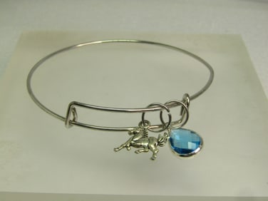 Vintage Silver Tone Slide Bracelet, Horse & Blue Glass Tone Slide Charms, 8", 1980's-1990's