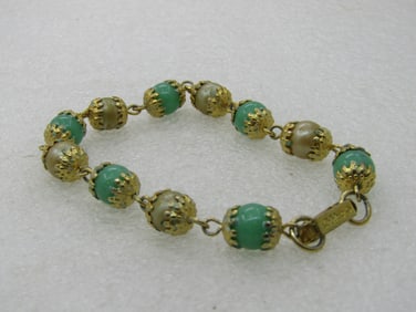 Vintage Celebrith Faux Pearl Green Glass Bracelet, 7.5"