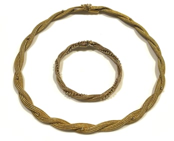 Stunning Estate 18k Twisted Gold Mesh and Gold Ball Necklace and Bracelet Set
