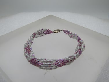 Vintage Sterling Pink Seed Beaded Bracelet, Mutli-Strand, Woven, 6.5", 1980's-1990's